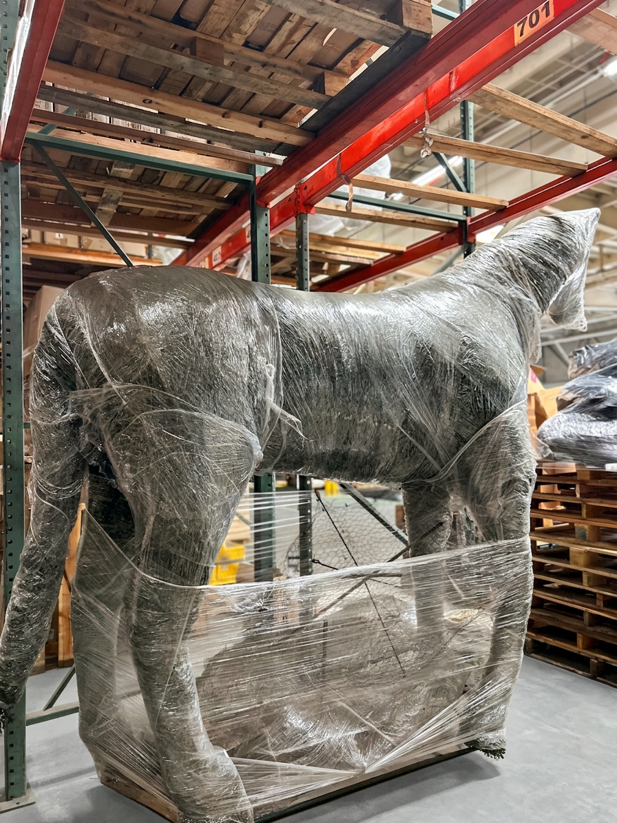 Large shrink-wrapped horse sculpture stored on pallet racking at Logix Fulfillment Vernon CA warehouse