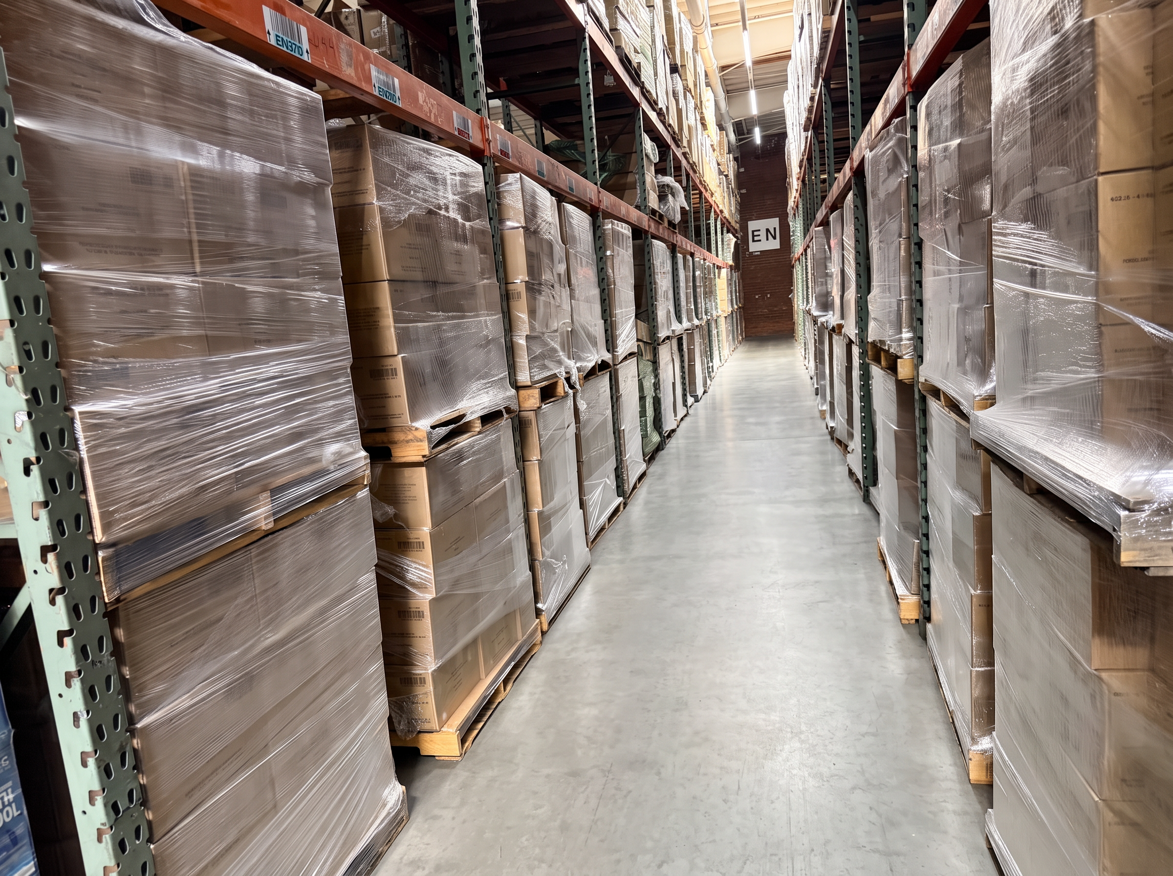 Long pallet rack aisle lined with stretch-wrapped pallets of cartons at Logix Fulfillment Vernon CA warehouse