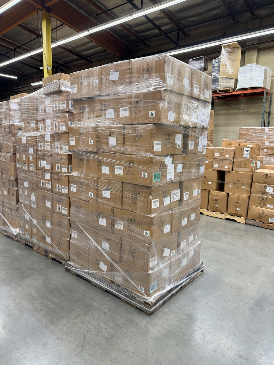 Multiple wrapped pallets staged in the bulk storage area of Logix Fulfillment Vernon CA warehouse