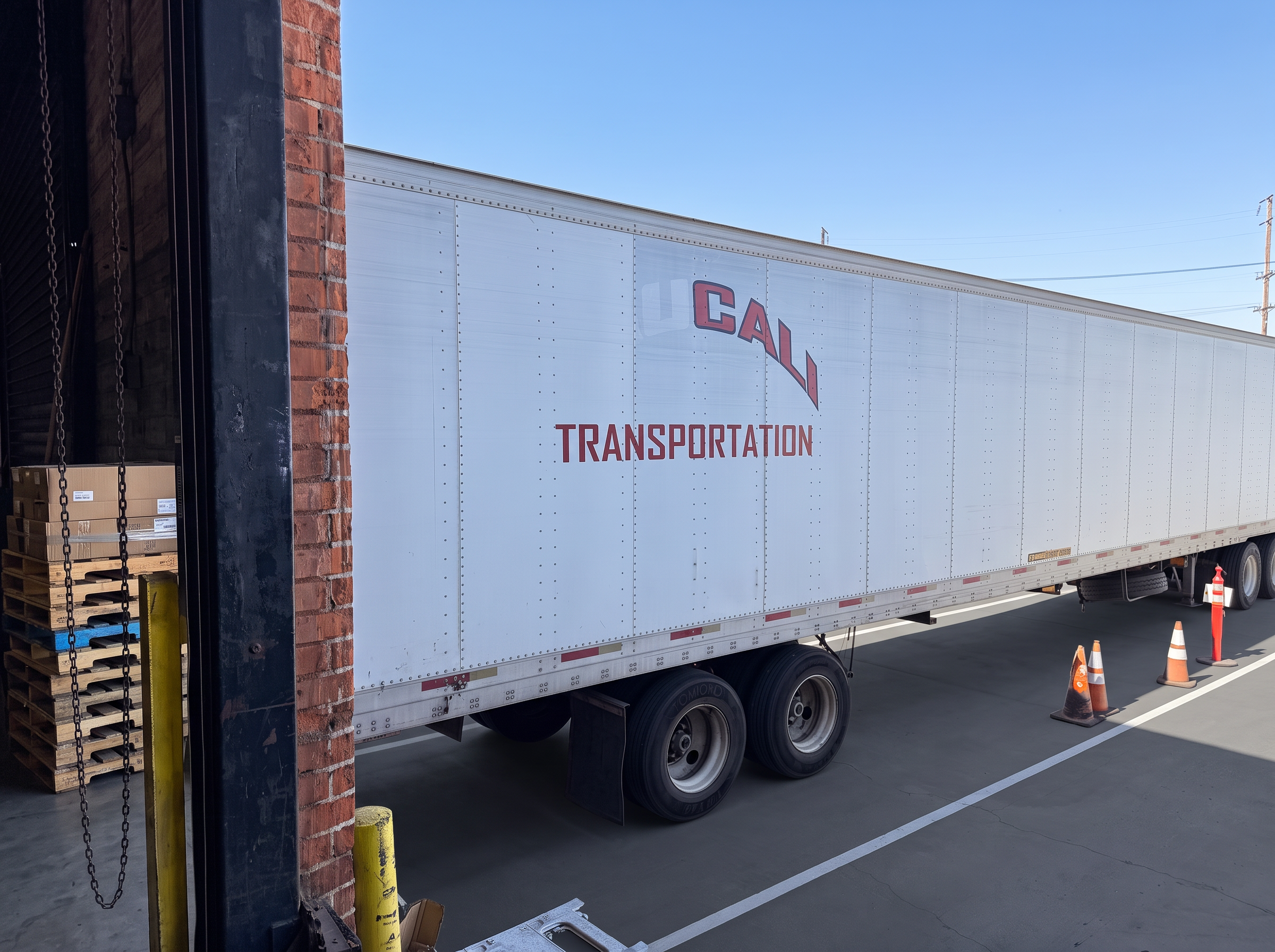 53-foot trailer backed into the dock 53-foot dry van trailer backed into a dock door at the Logix Fulfillment warehouse in Vernon, California