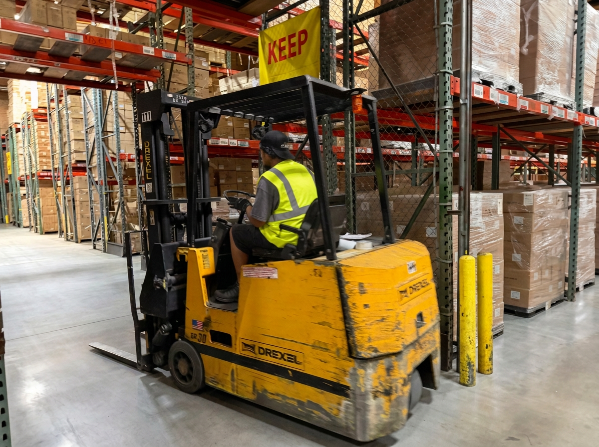 Forklift operator driving a Drexel narrow-aisle forklift past pallet racking stocked with cartons at Logix Fulfillment Vernon CA