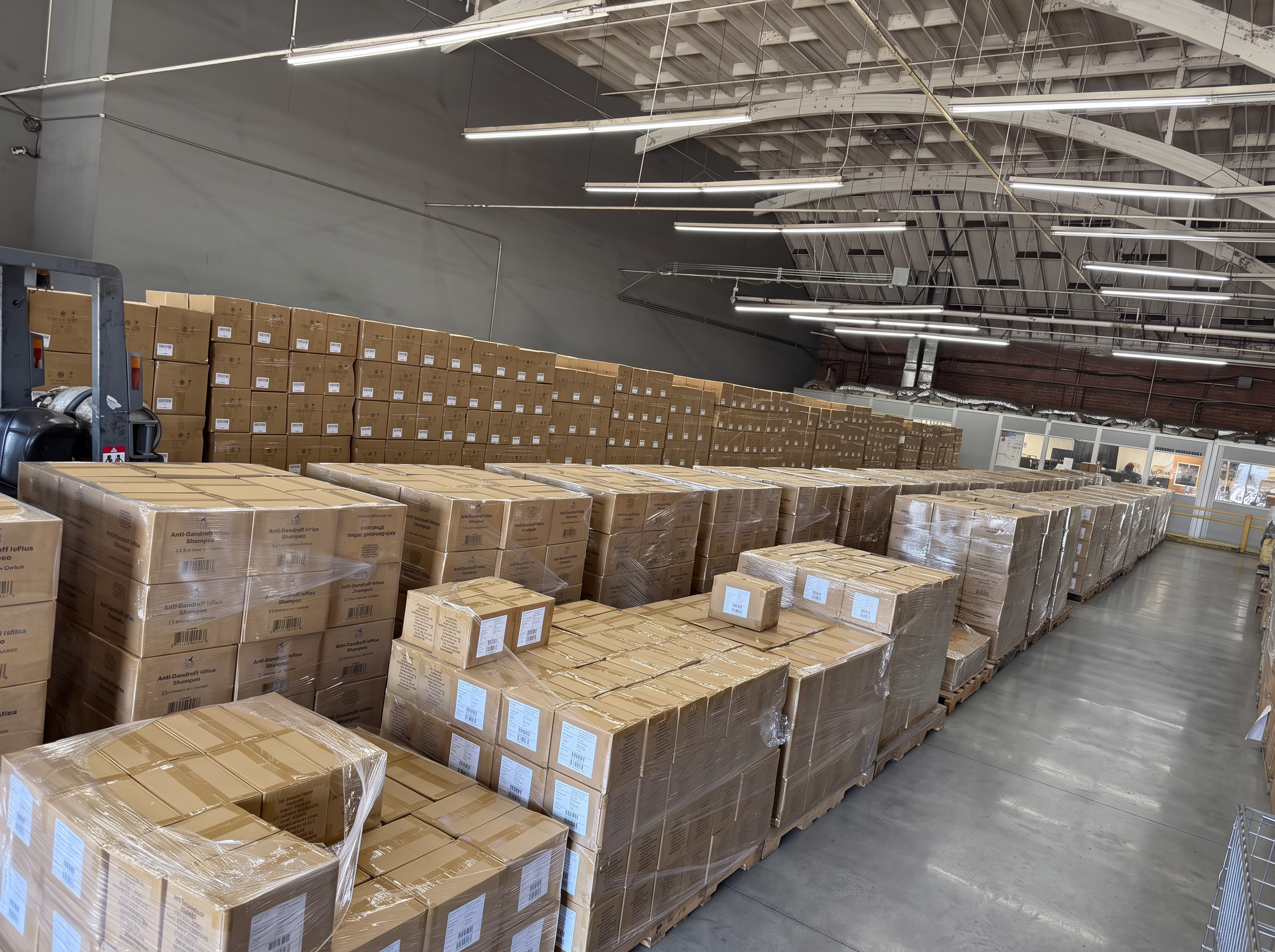 Rows of palletized health and beauty cartons in bulk floor storage at Logix Fulfillment Vernon CA warehouse