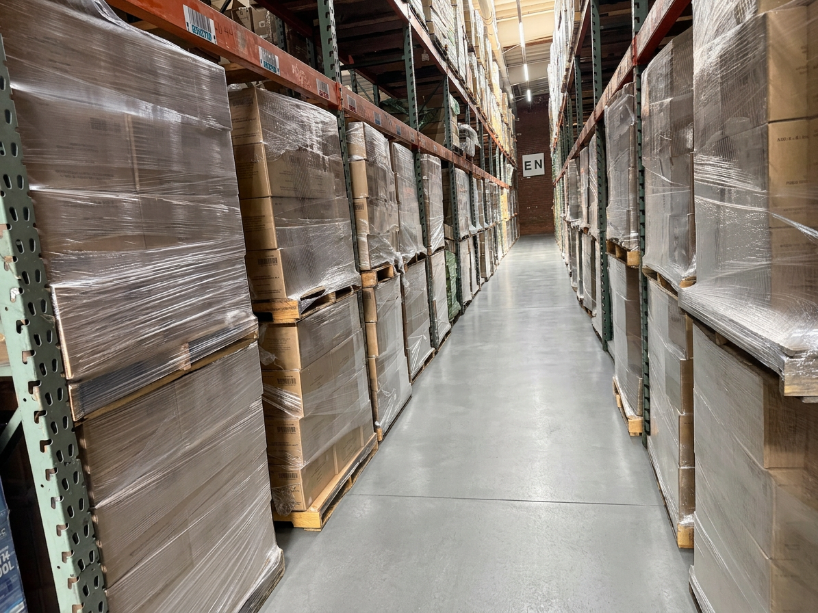 Deep pallet rack aisle lined with stretch-wrapped pallets of cartons inside Logix Fulfillment Los Angeles area 3PL warehouse