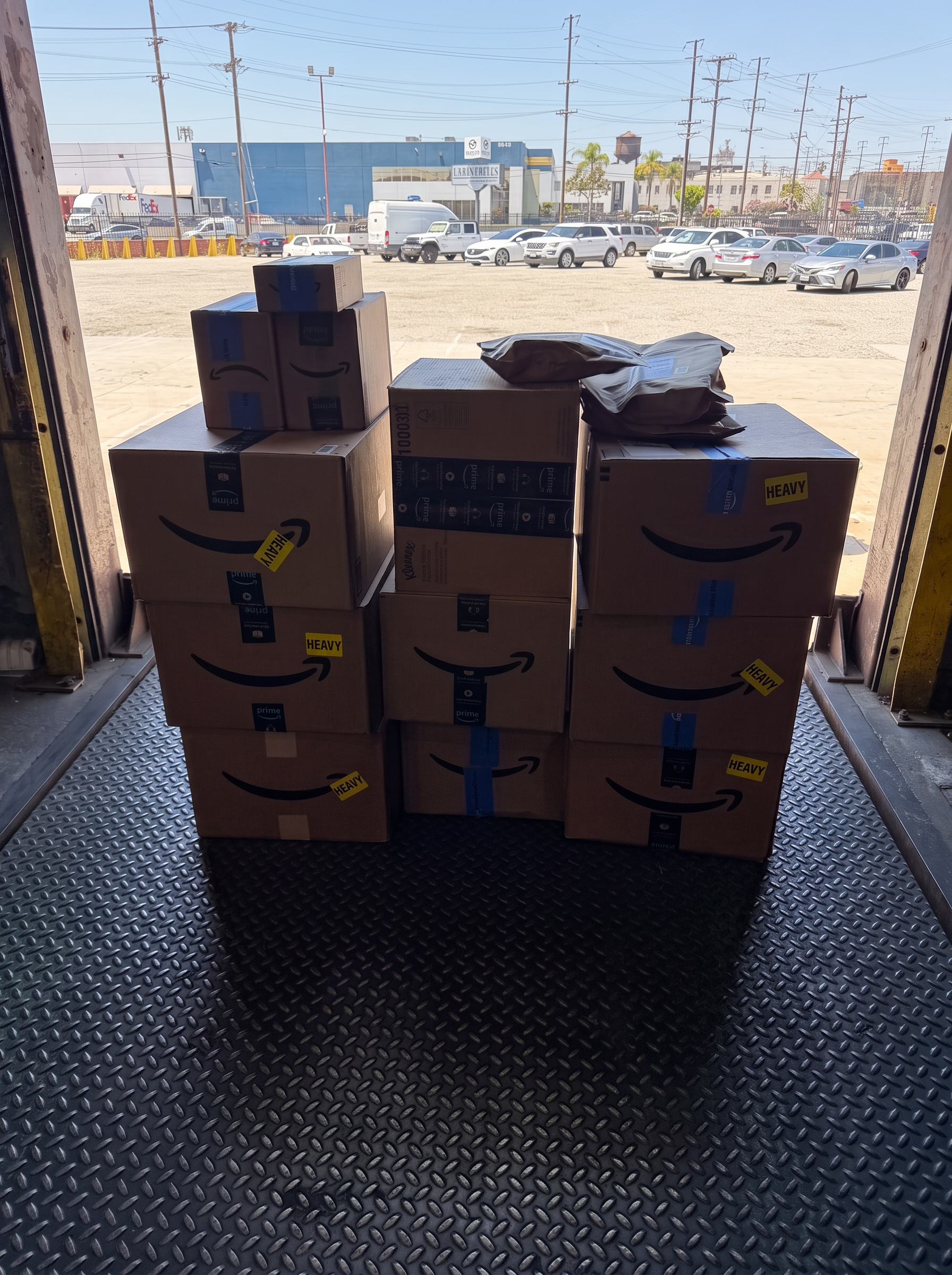 Amazon FBA cartons staged for pickup Amazon-labeled cartons and poly mailers staged on a dock plate ready for parcel pickup at Logix Fulfillment Vernon CA