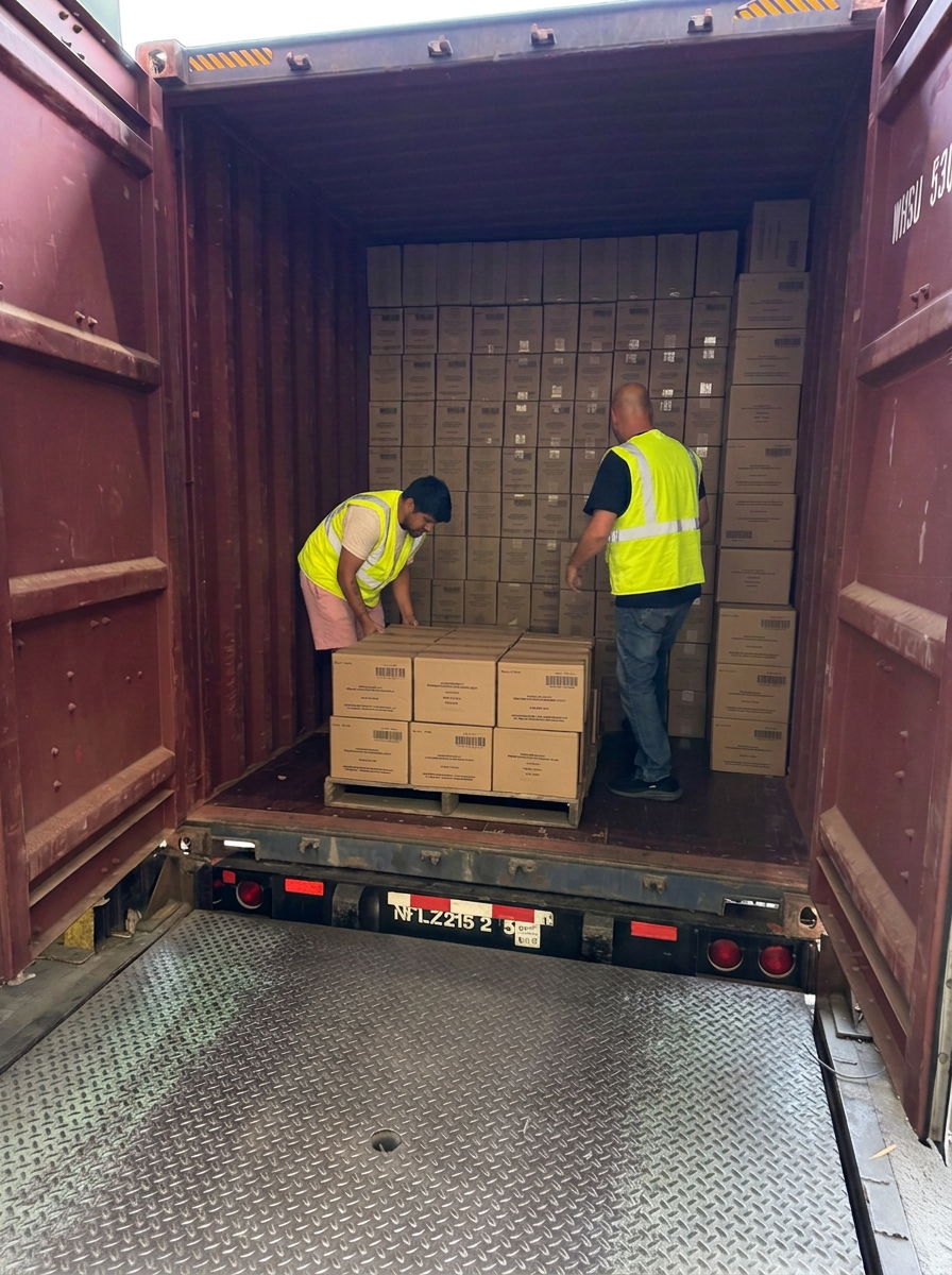 Logix Fulfillment team devanning palletized cartons from an ocean container at the Vernon CA dock