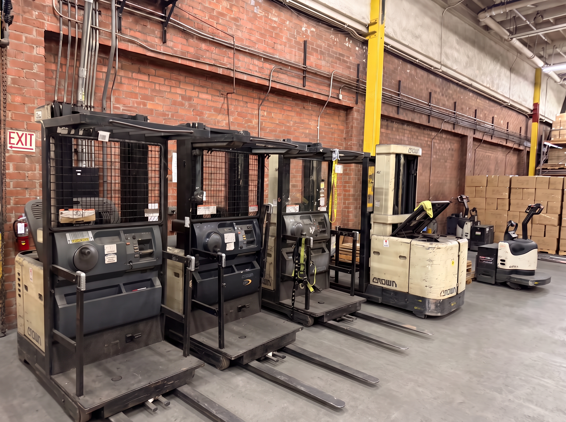 Order picker forklifts and electric pallet jacks parked and charging along the brick wall at Logix Fulfillment Vernon CA