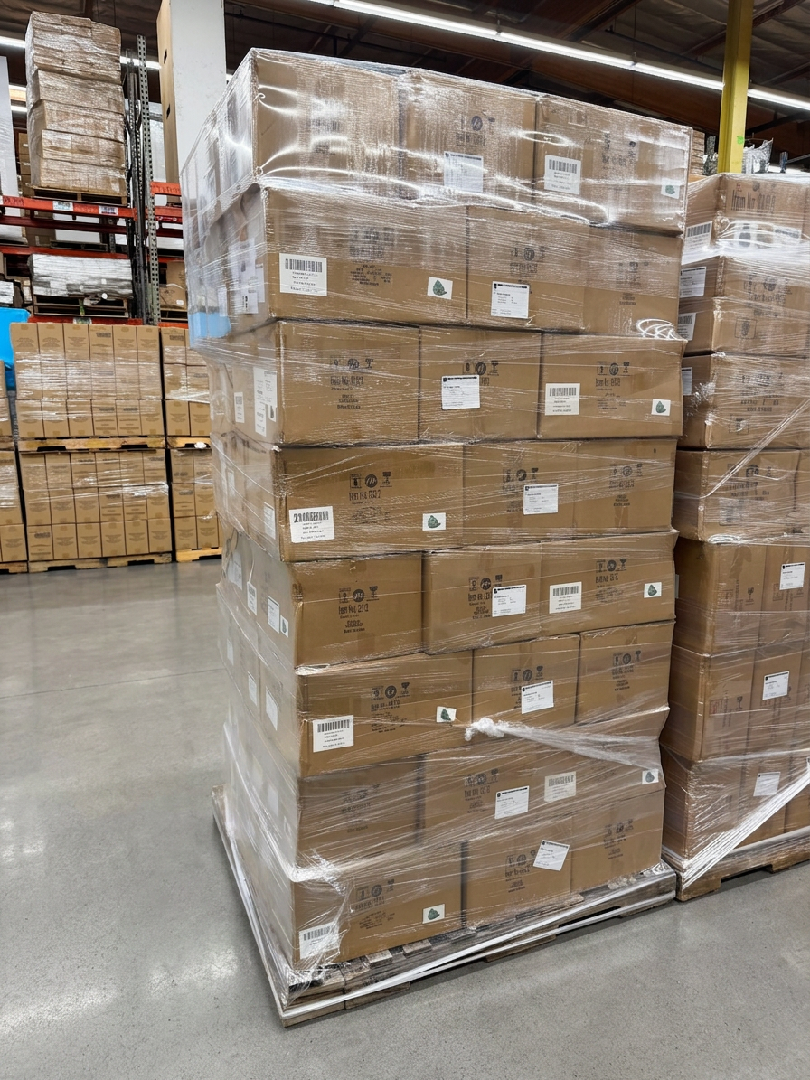 Tall shrink-wrapped pallet of client cartons staged on the warehouse floor at Logix Fulfillment