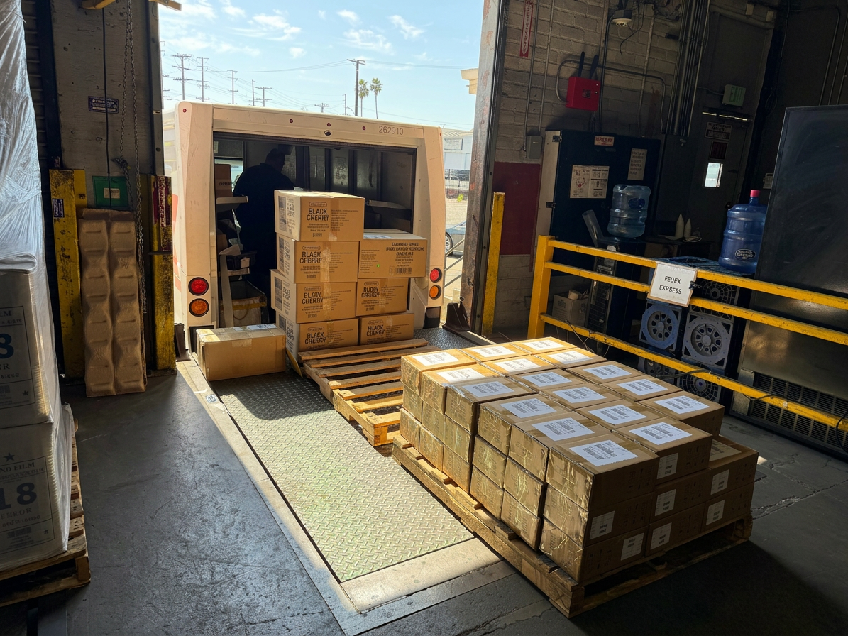 FedEx Express outbound loading FedEx Express parcel truck loading palletized outbound orders at Logix Fulfillment Vernon CA dock door