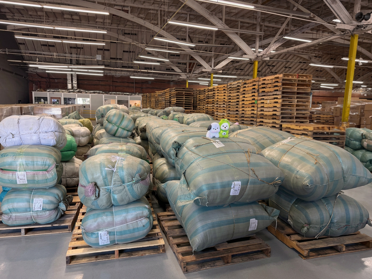 Bulk bagged goods staged on pallets in front of pallet inventory at Logix Fulfillment Vernon CA warehouse