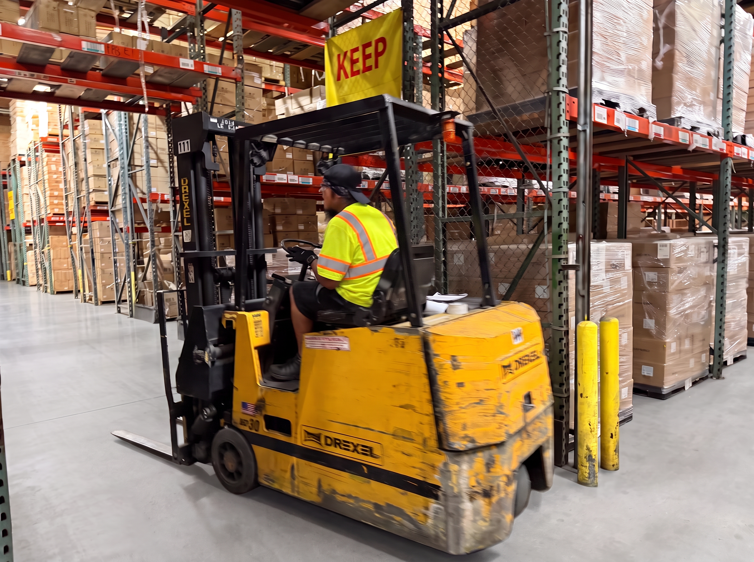 Forklift operator driving a narrow-aisle forklift past stocked pallet racking at Logix Fulfillment Vernon CA warehouse