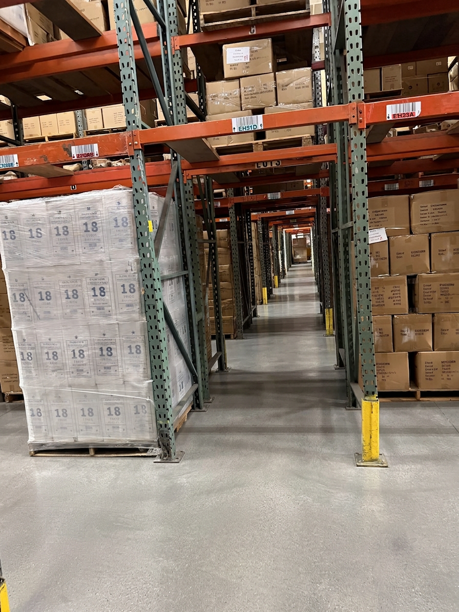 Pallet racking aisle with barcode-labeled bay locations and stretch-wrapped apparel cartons at Logix Fulfillment Vernon CA warehouse