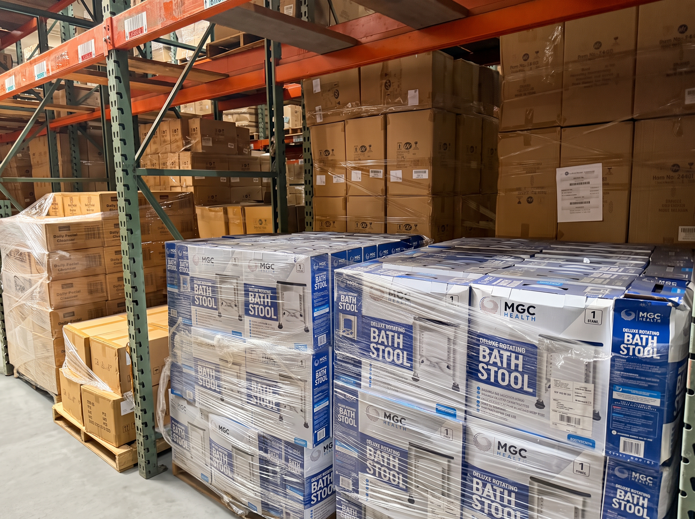 Retail-ready pallets of boxed bath safety products labeled for a big-box retailer at Logix Fulfillment Vernon CA