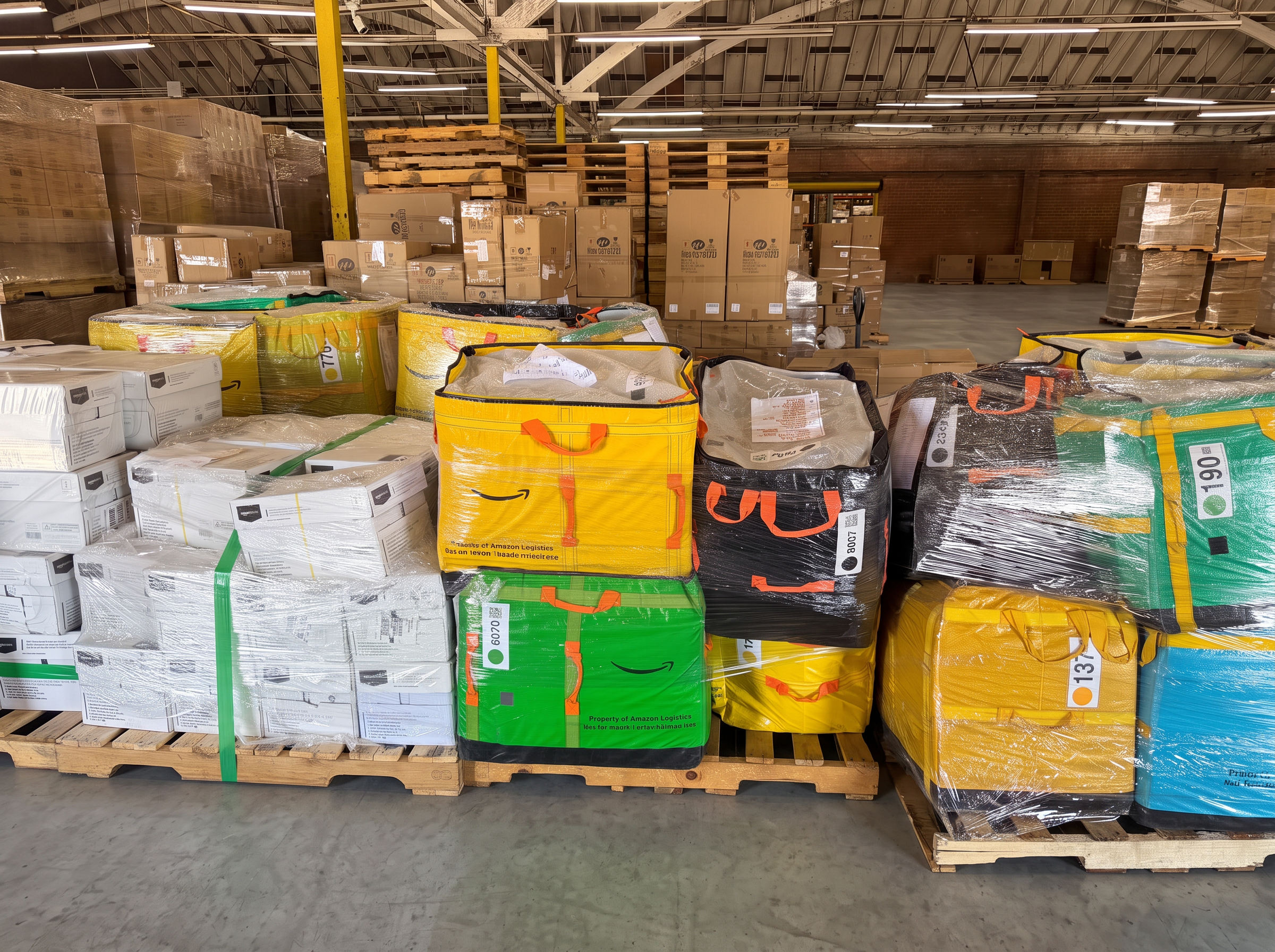 Pallets of Amazon Logistics totes and cartons staged for outbound loads inside the Logix Fulfillment Los Angeles area warehouse