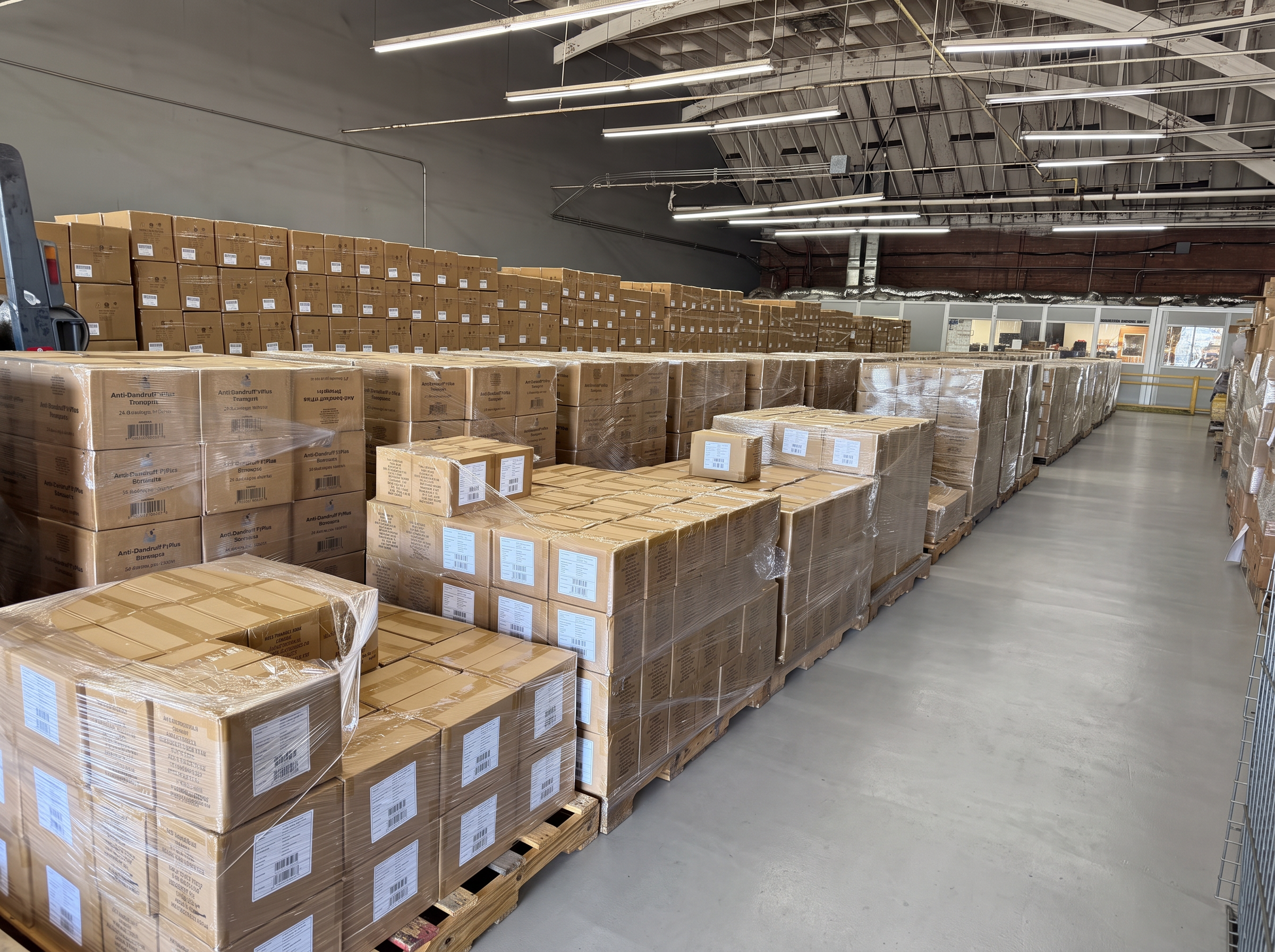 Bulk floor storage pallets in front of the on-site inventory control office at Logix Fulfillment Vernon CA warehouse