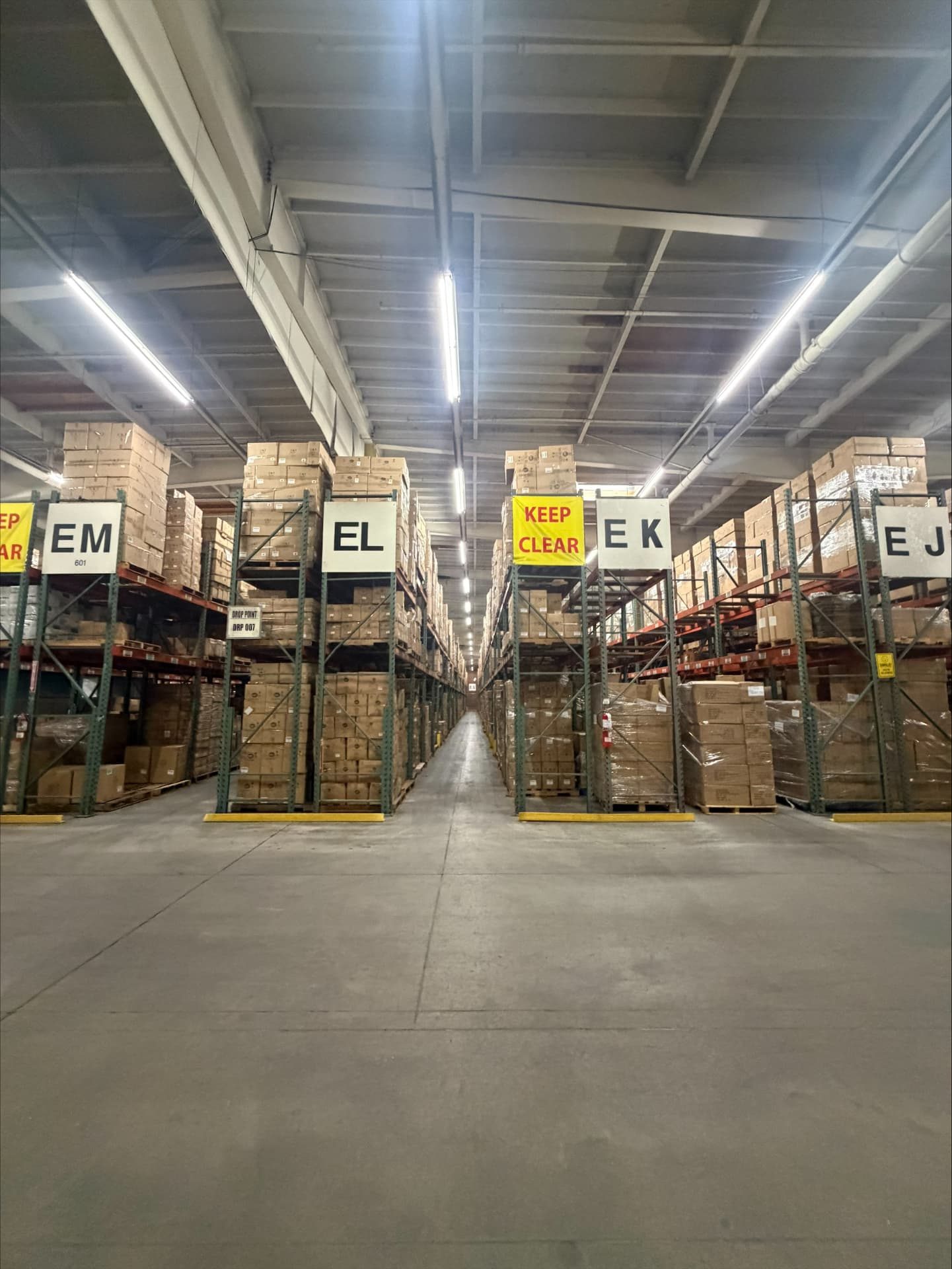 Labeled racking aisles EM, EL and EK at Logix Fulfillment in Vernon, CA