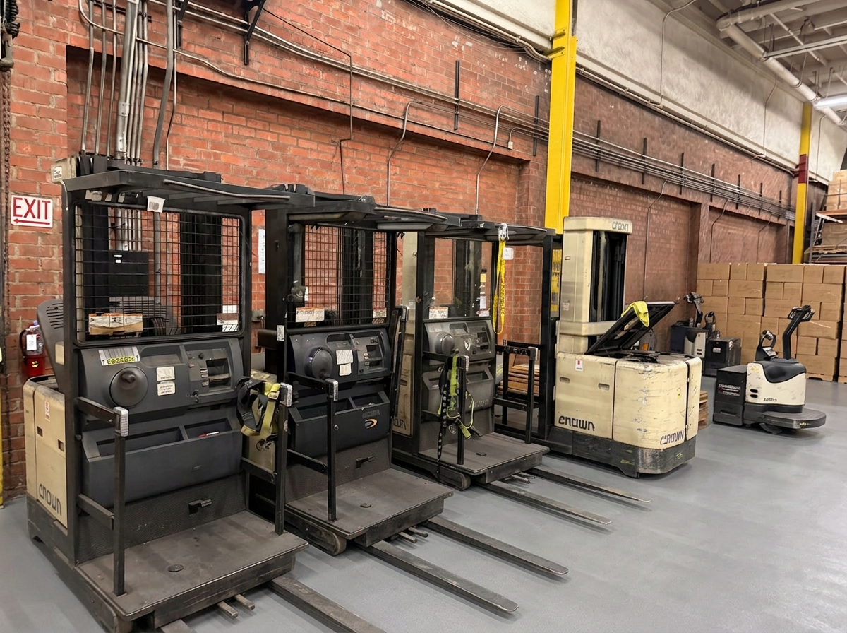 Crown order picker forklifts and electric pallet jacks lined up charging along the brick wall at Logix Fulfillment Vernon CA warehouse