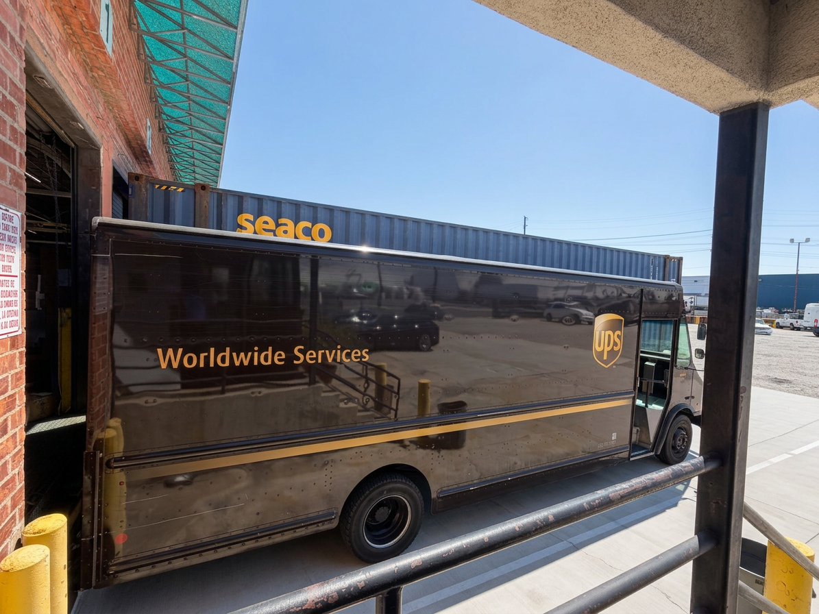 UPS Worldwide Services package car backed into a loading dock next to an ocean container at Logix Fulfillment Vernon CA warehouse