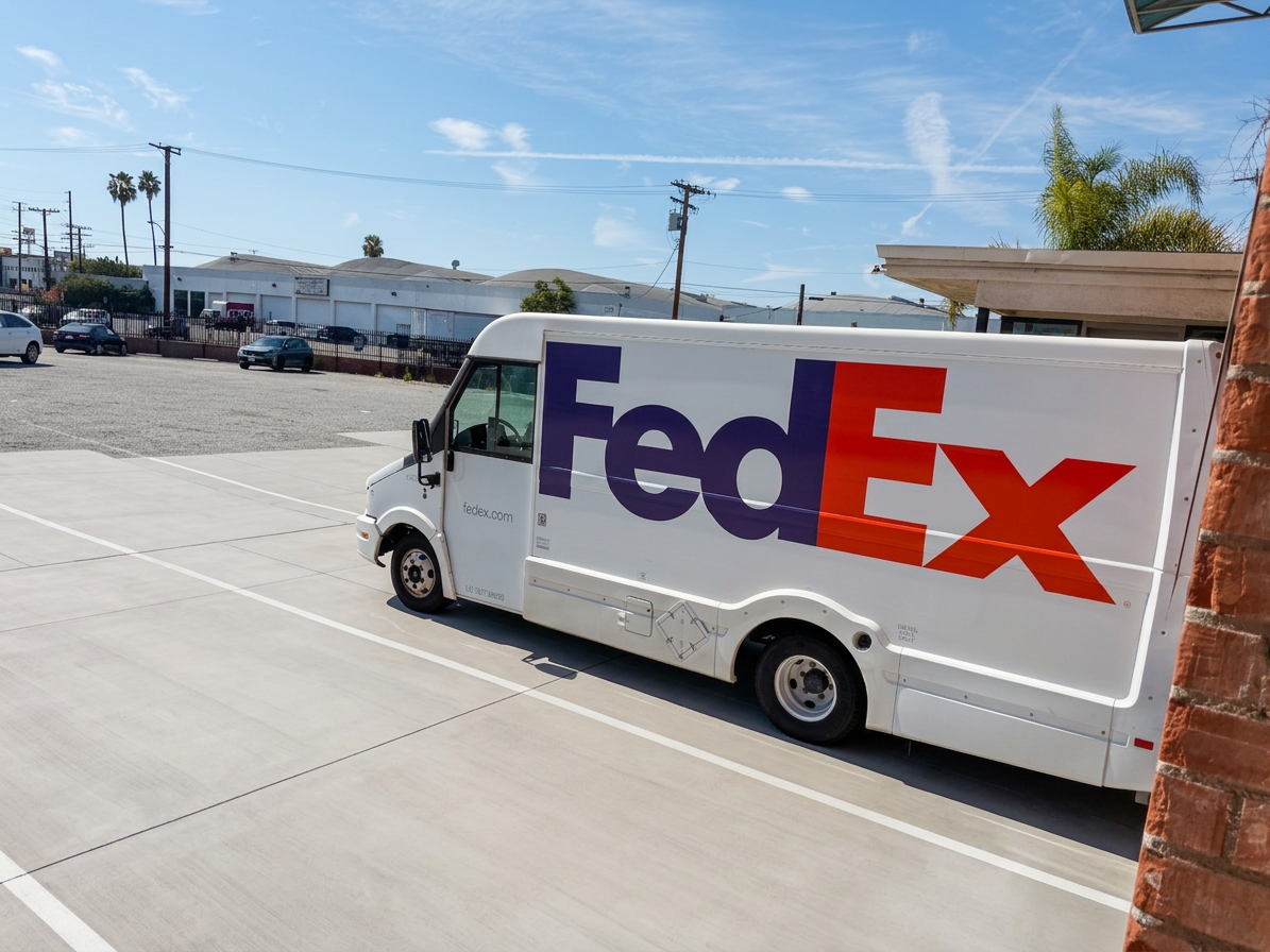 Daily FedEx pickups at the yard FedEx Express delivery truck parked in the yard at Logix Fulfillment Vernon CA warehouse