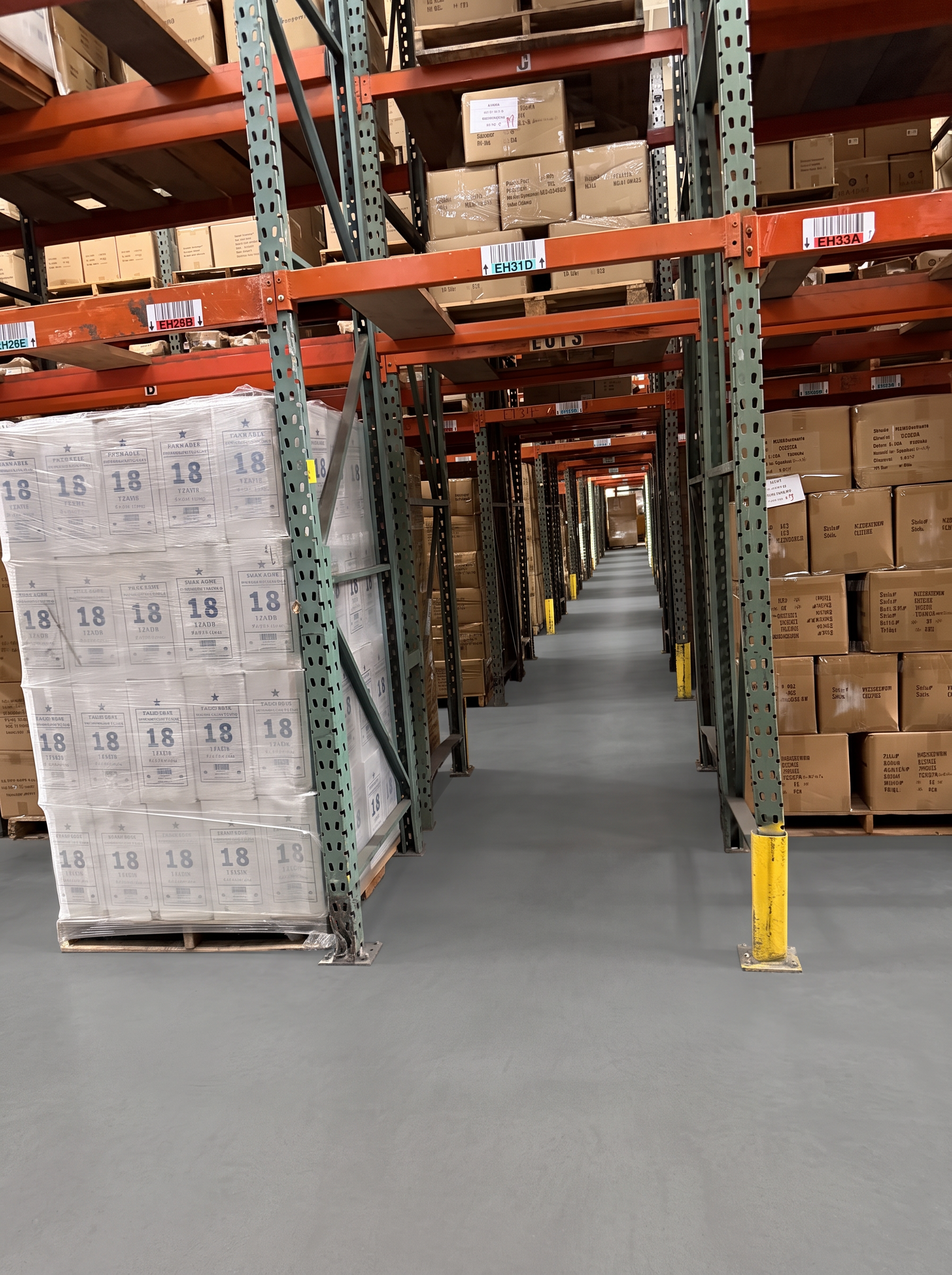 Pallet rack aisle with barcode-labeled bay locations and a pallet of stretch film at Logix Fulfillment Vernon CA warehouse