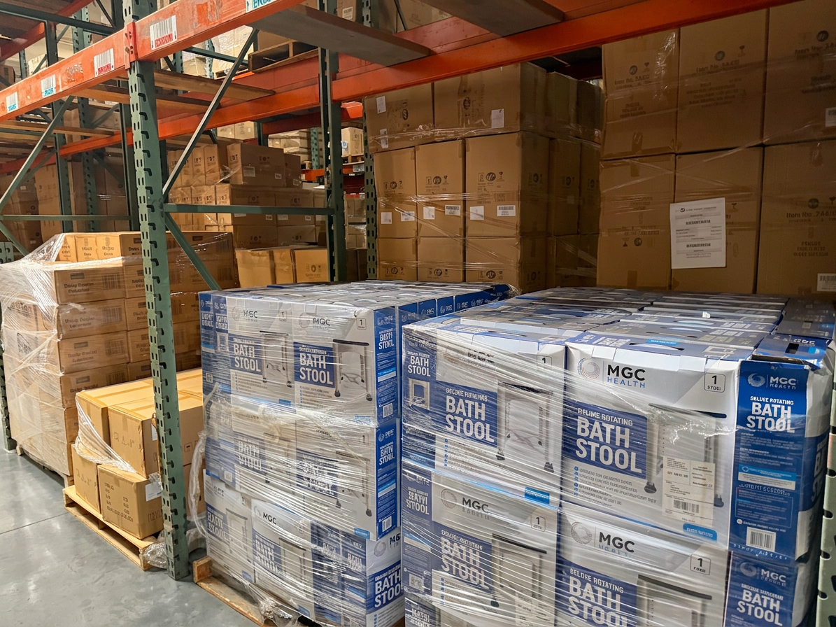 Retail-ready palletized cartons and retailer-labeled cases staged on pallet racking at Logix Fulfillment Vernon CA fulfillment center