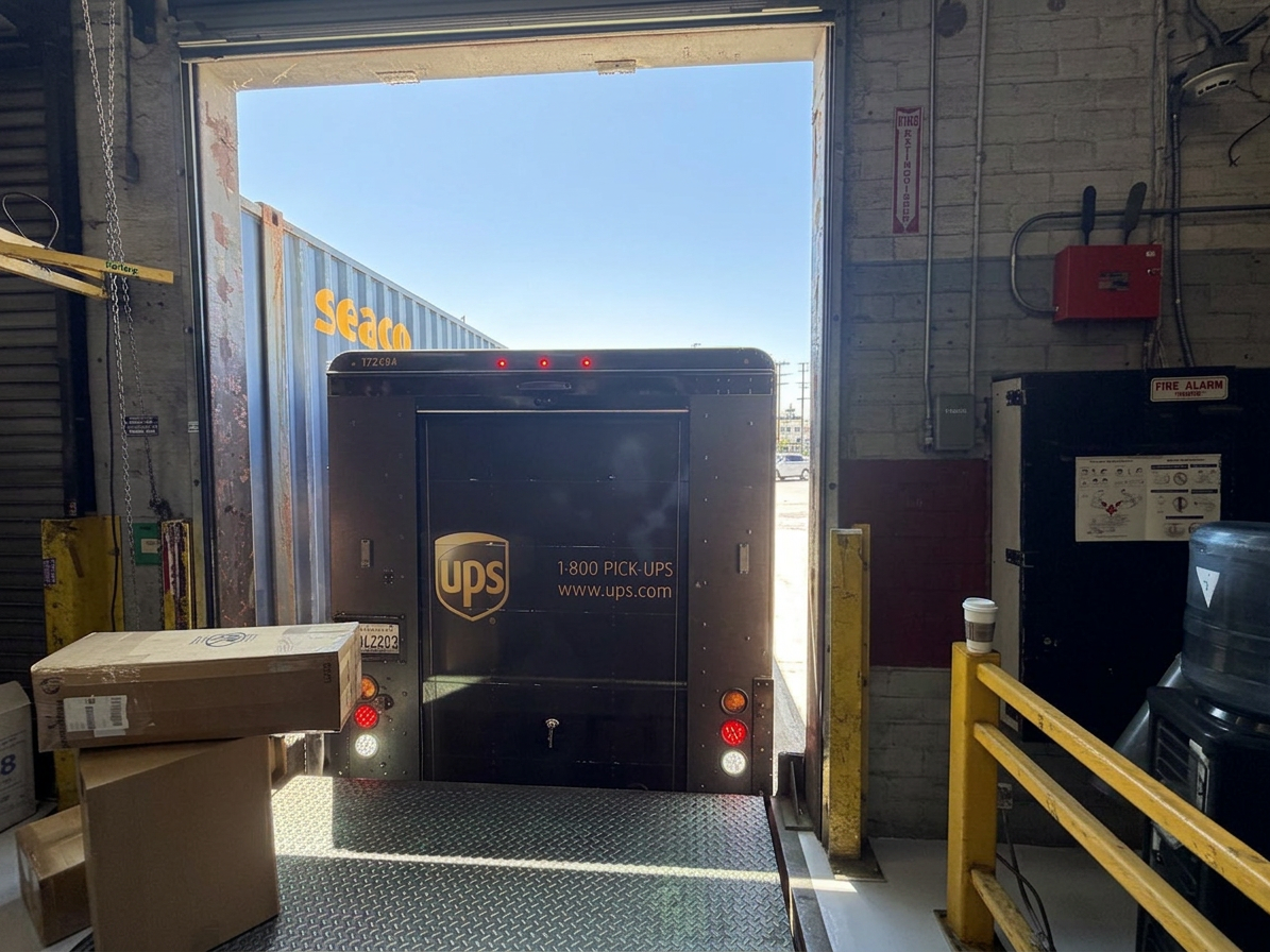 UPS package car loading parcels at an indoor dock door beside a Seaco ocean container at Logix Fulfillment Vernon CA