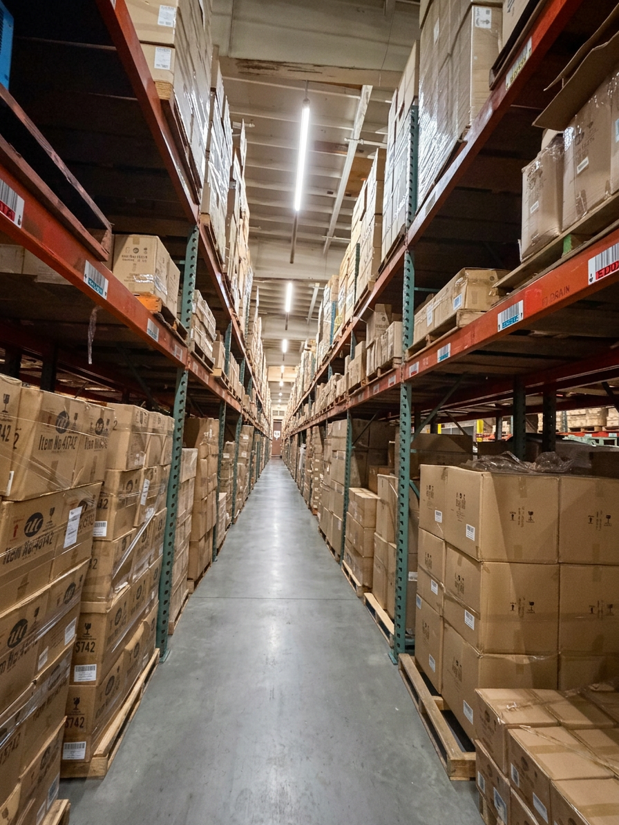 Long straight warehouse aisle lined with boxed inventory on pallet racking at Logix Fulfillment Vernon CA