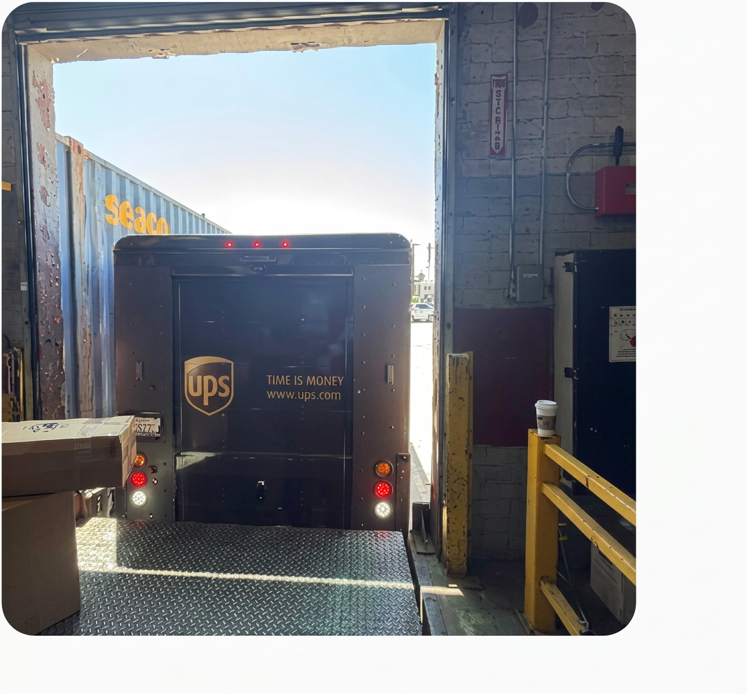 UPS backed into our indoor dock for daily pickup UPS package car backed into the indoor dock door for daily parcel pickup at Logix Fulfillment Vernon CA fulfillment center