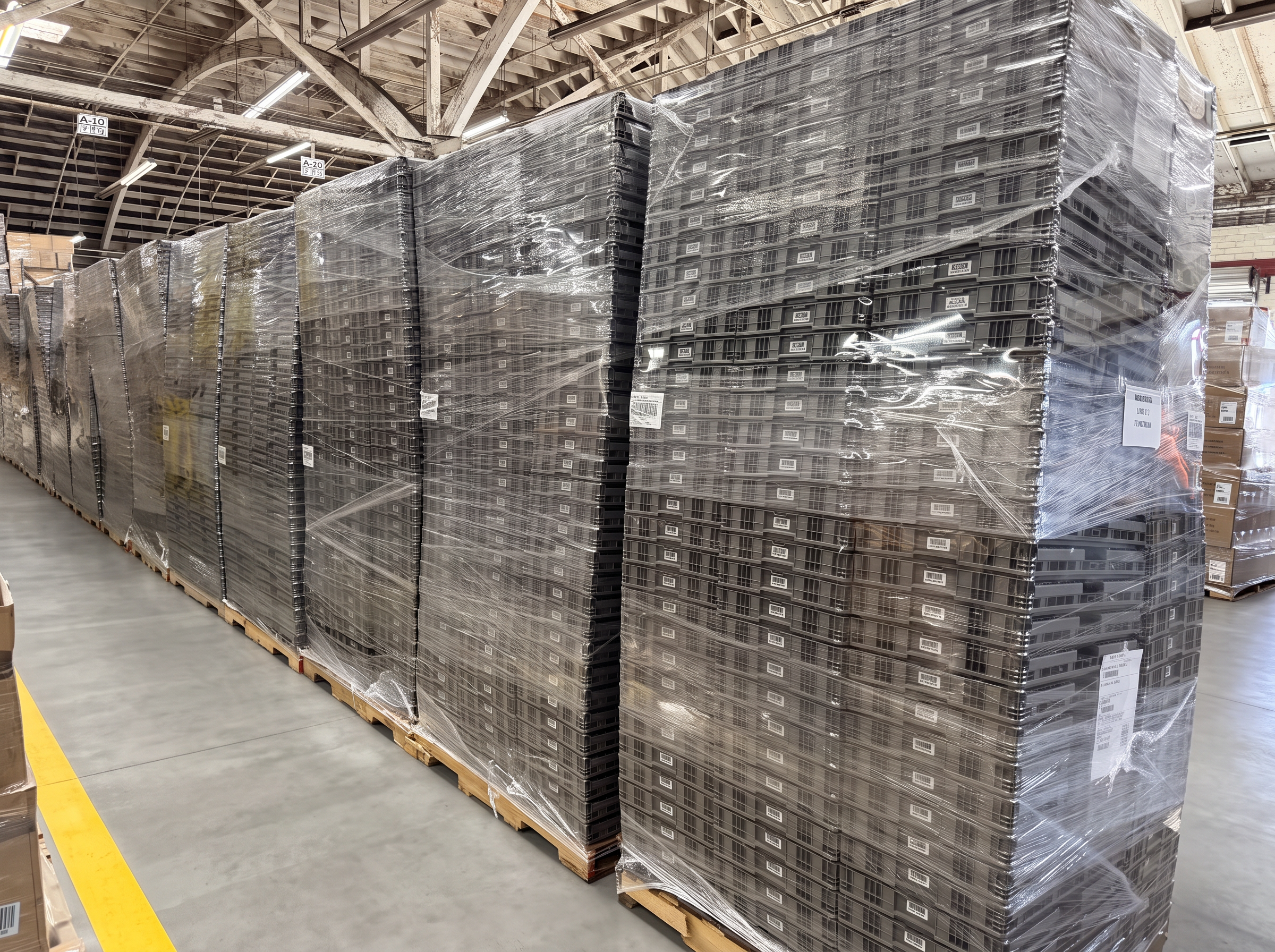 Tall pallets of stacked reusable meal delivery totes stretch-wrapped for an outbound load at Logix Fulfillment Vernon CA