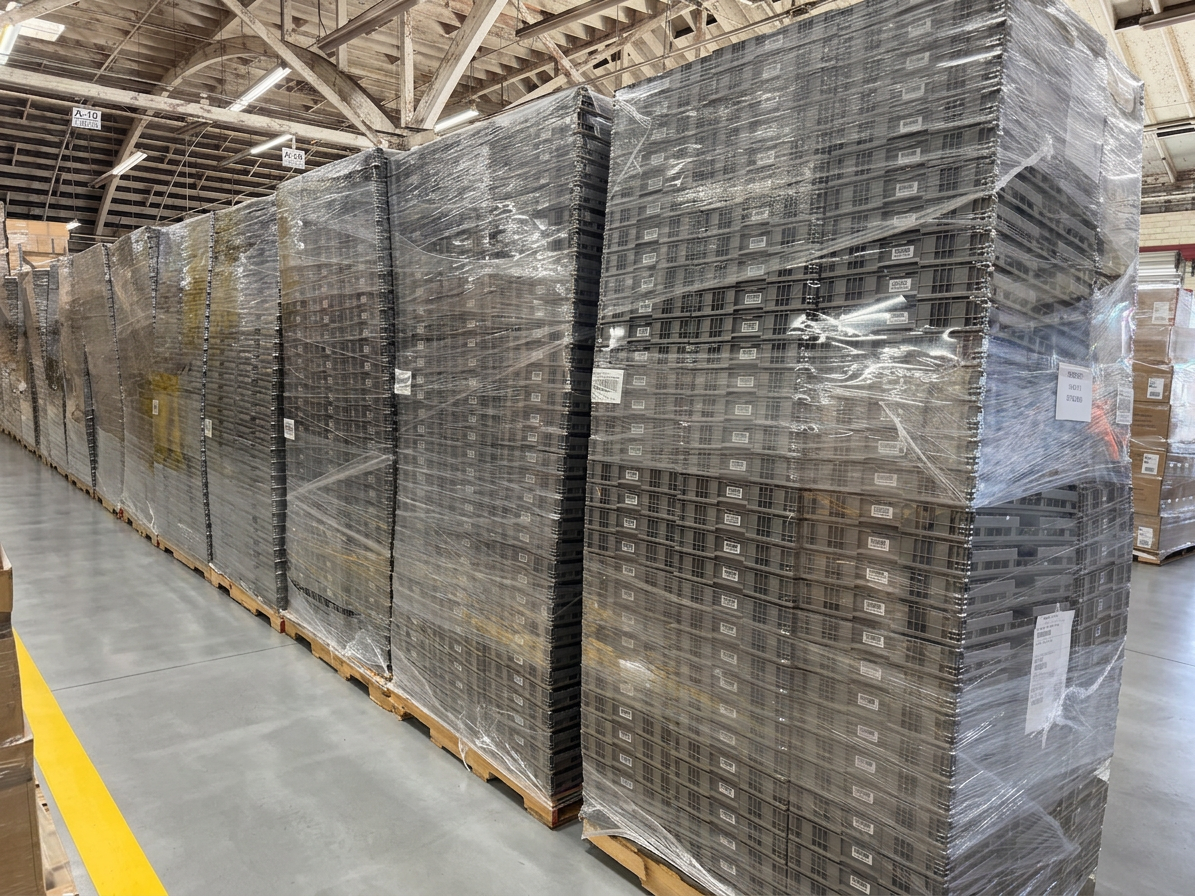 Pallets of stacked and stretch-wrapped plastic totes staged for an outbound load at Logix Fulfillment Vernon CA warehouse