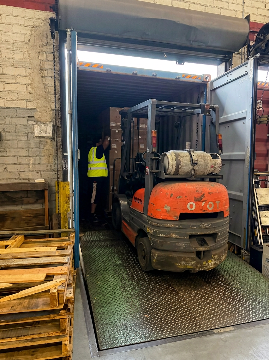 Toyota forklift entering an ocean container to devan cartons at Logix Fulfillment Vernon CA dock
