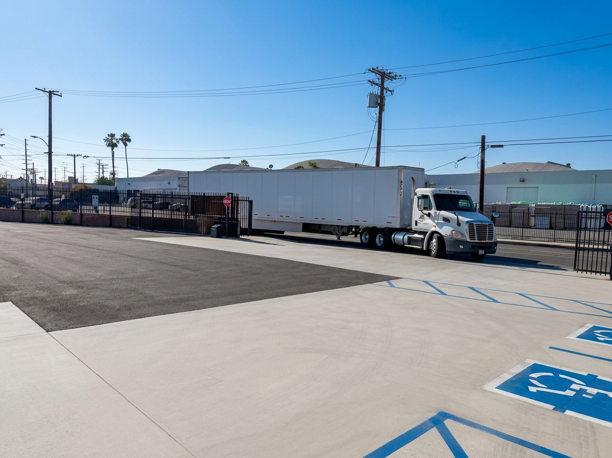 Trailer entering our gated yard Tractor trailer entering the gated truck yard at Logix Fulfillment Vernon CA facility