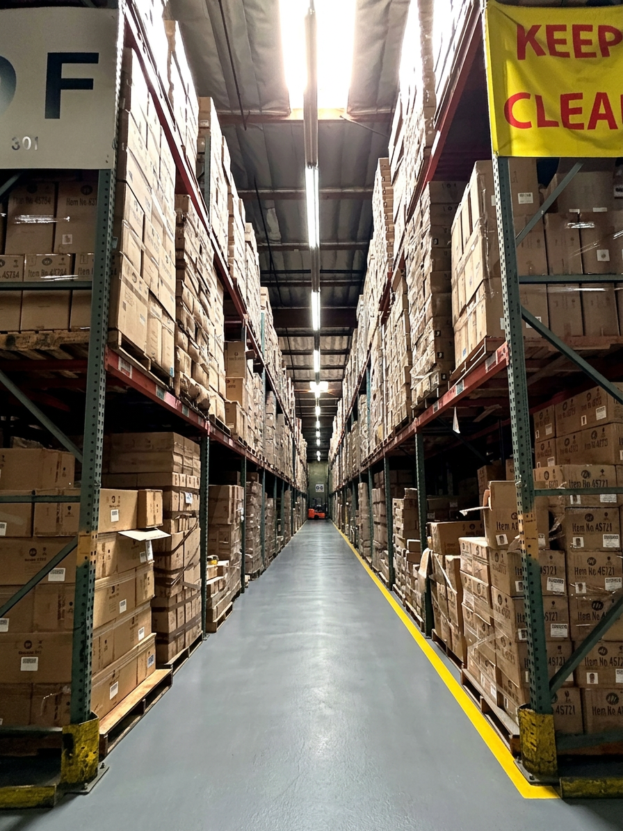 Brightly lit racking aisle perspective at Logix Fulfillment Vernon CA warehouse