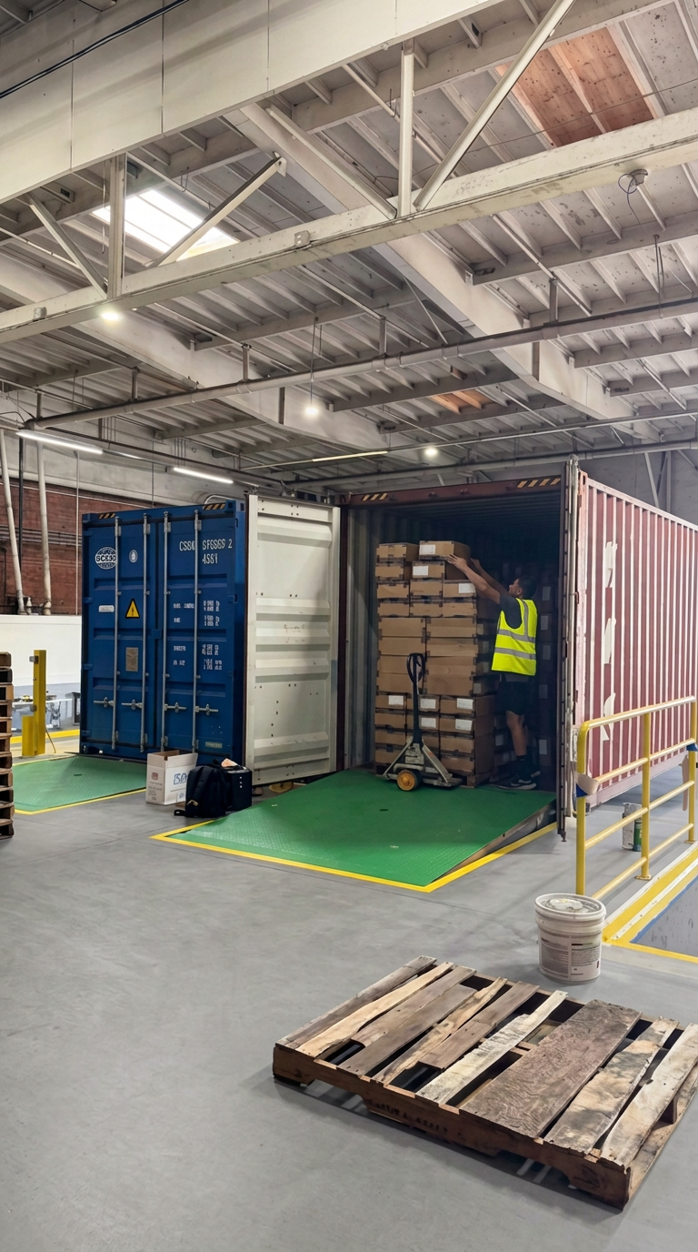 Container devanning and unloading at Logix Fulfillment dock near Port of LA