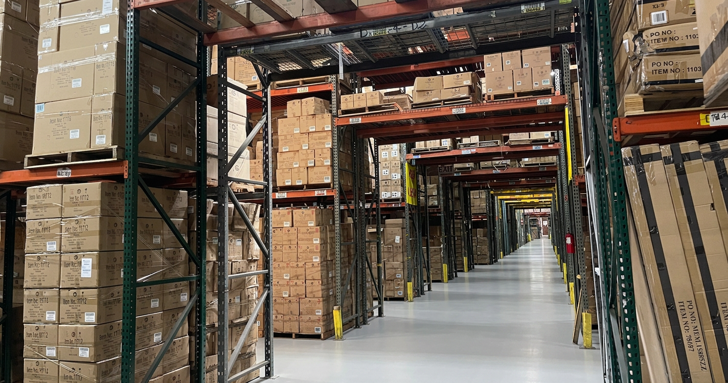 Cross-aisle tunnel view through pallet racking at Logix Fulfillment Vernon CA