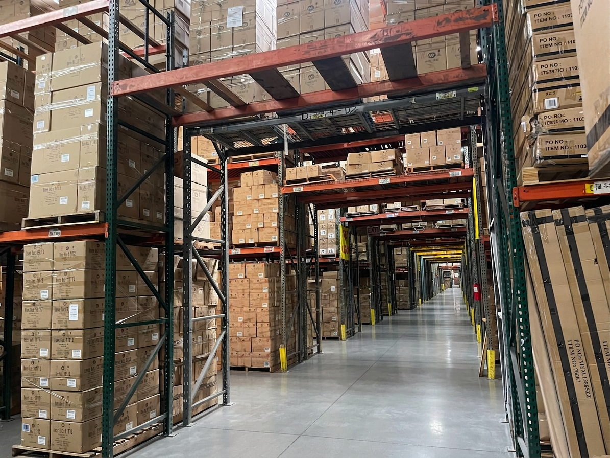 Wide cross-aisle perspective with palletized inventory at Logix Fulfillment warehouse