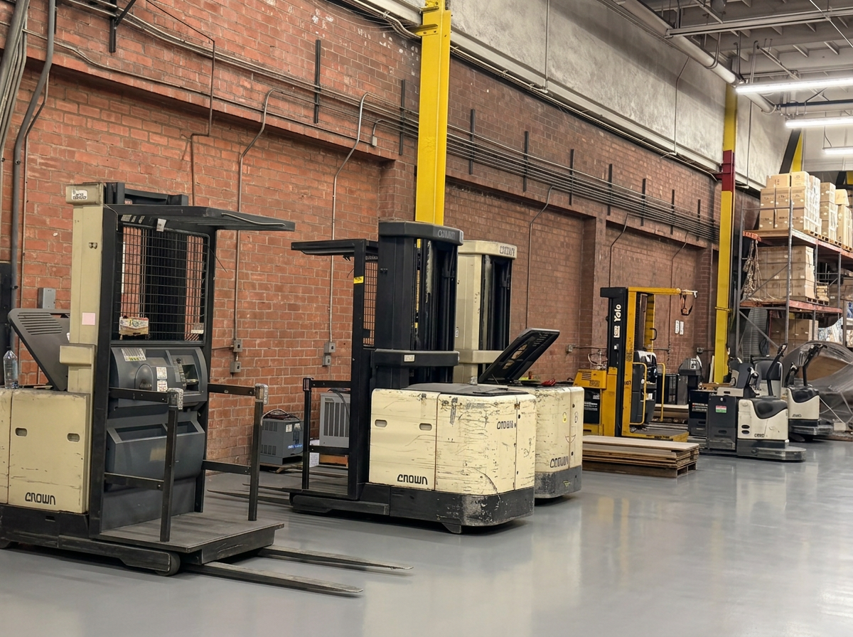Crown order picker forklifts staged and charging inside Logix Fulfillment Vernon CA warehouse