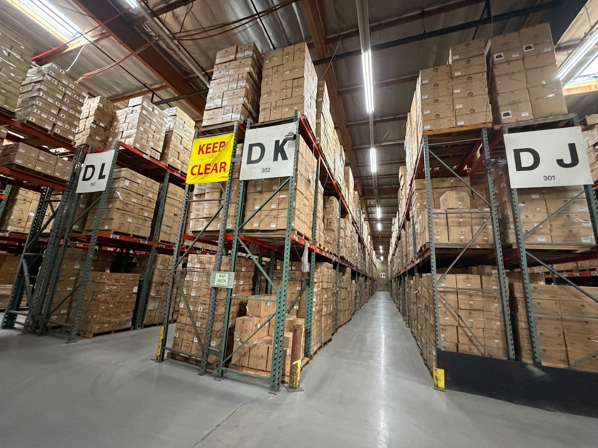 Tall pallet racking aisles with DK and DJ location signs and KEEP CLEAR markings at Logix Fulfillment