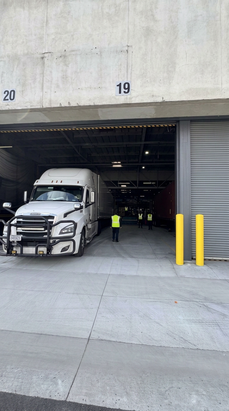 Dock door 19 — tractor docked Freightliner tractor docked at exterior loading bay door 19 at Logix Fulfillment Vernon CA warehouse