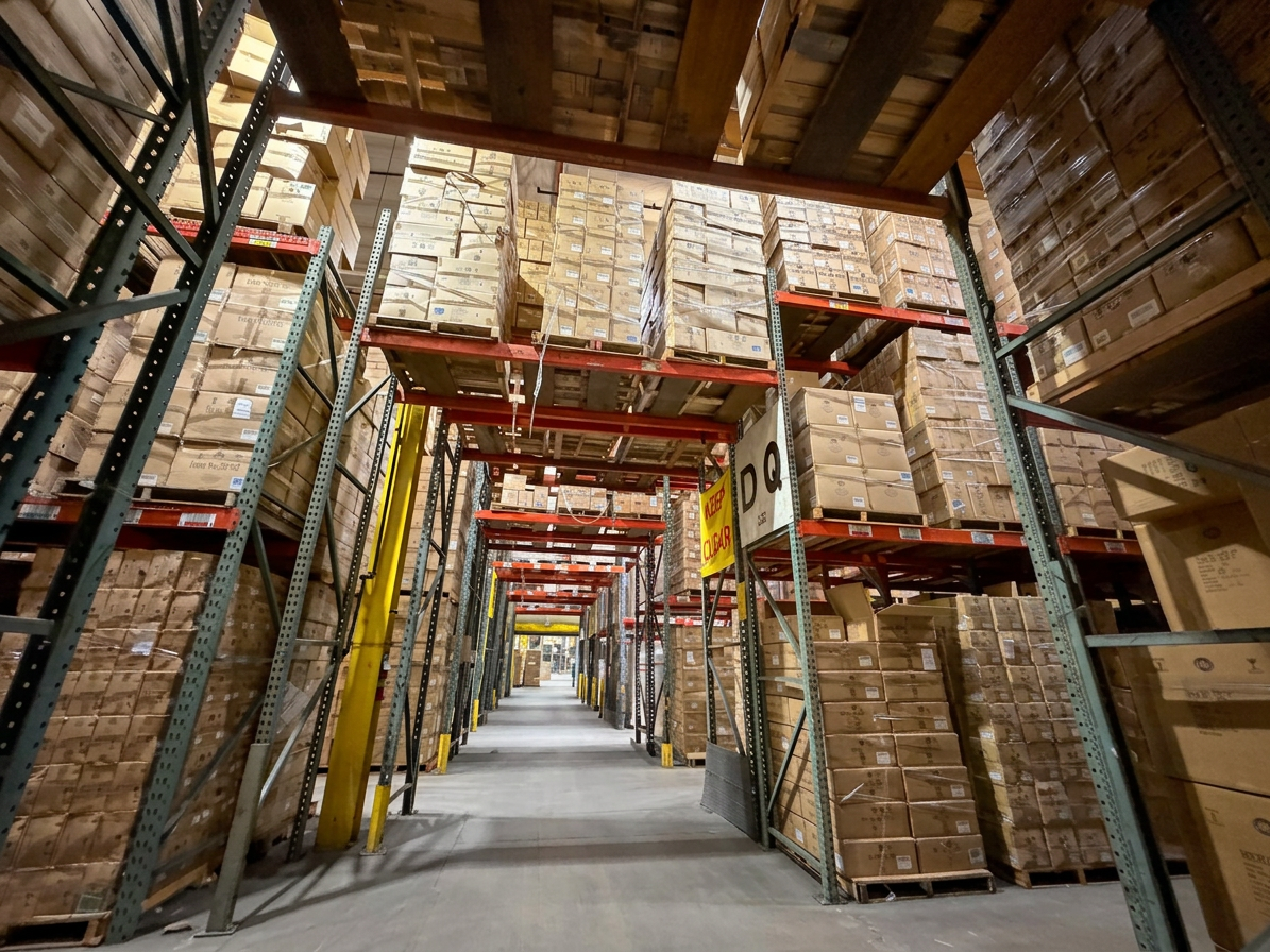 DQ pallet rack bay with KEEP CLEAR sign and overhead bulk storage at Logix Fulfillment