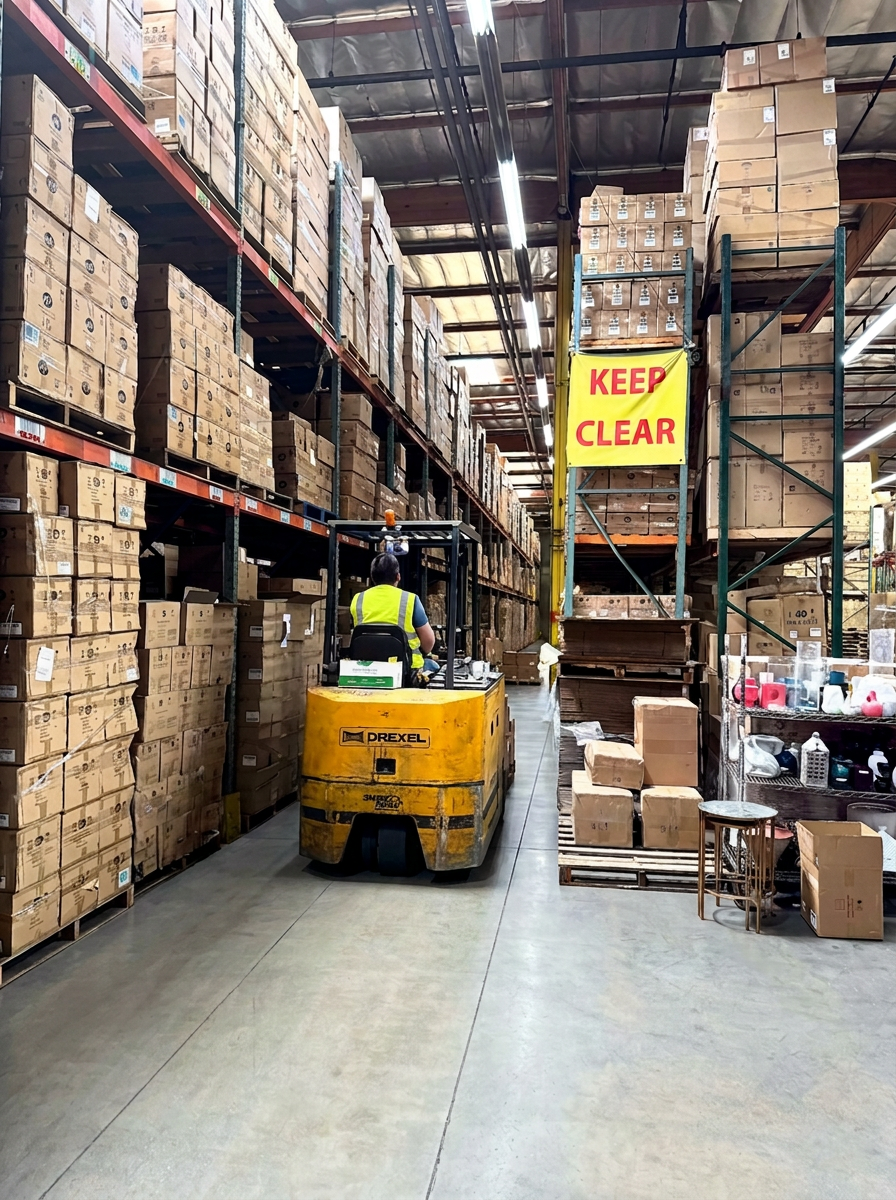 Drexel forklift operating in KEEP CLEAR marked aisle at Logix Fulfillment warehouse
