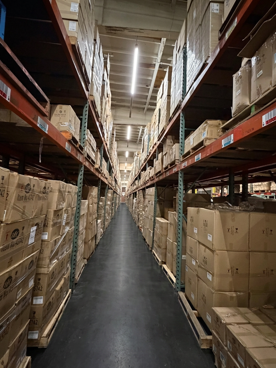 Deep ED storage aisle with stacked cartons and overhead racking at Logix Fulfillment