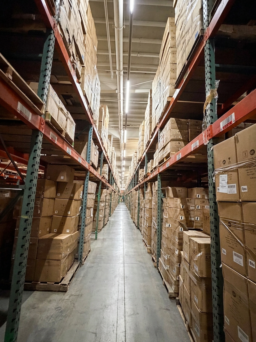 Long pallet racking aisle EE with vanishing-point perspective at Logix Fulfillment Vernon CA
