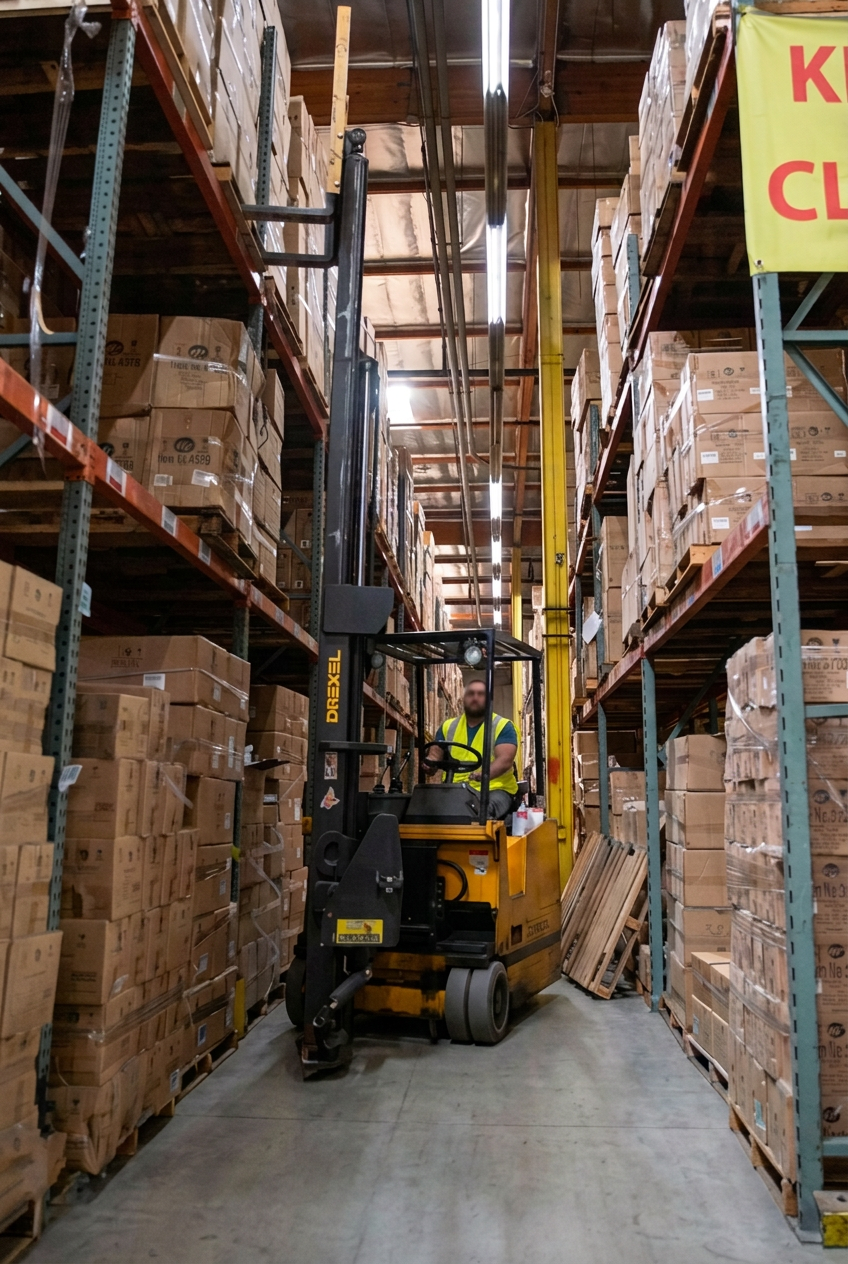 Forklift operator moving a pallet down a storage aisle at the Logix warehouse