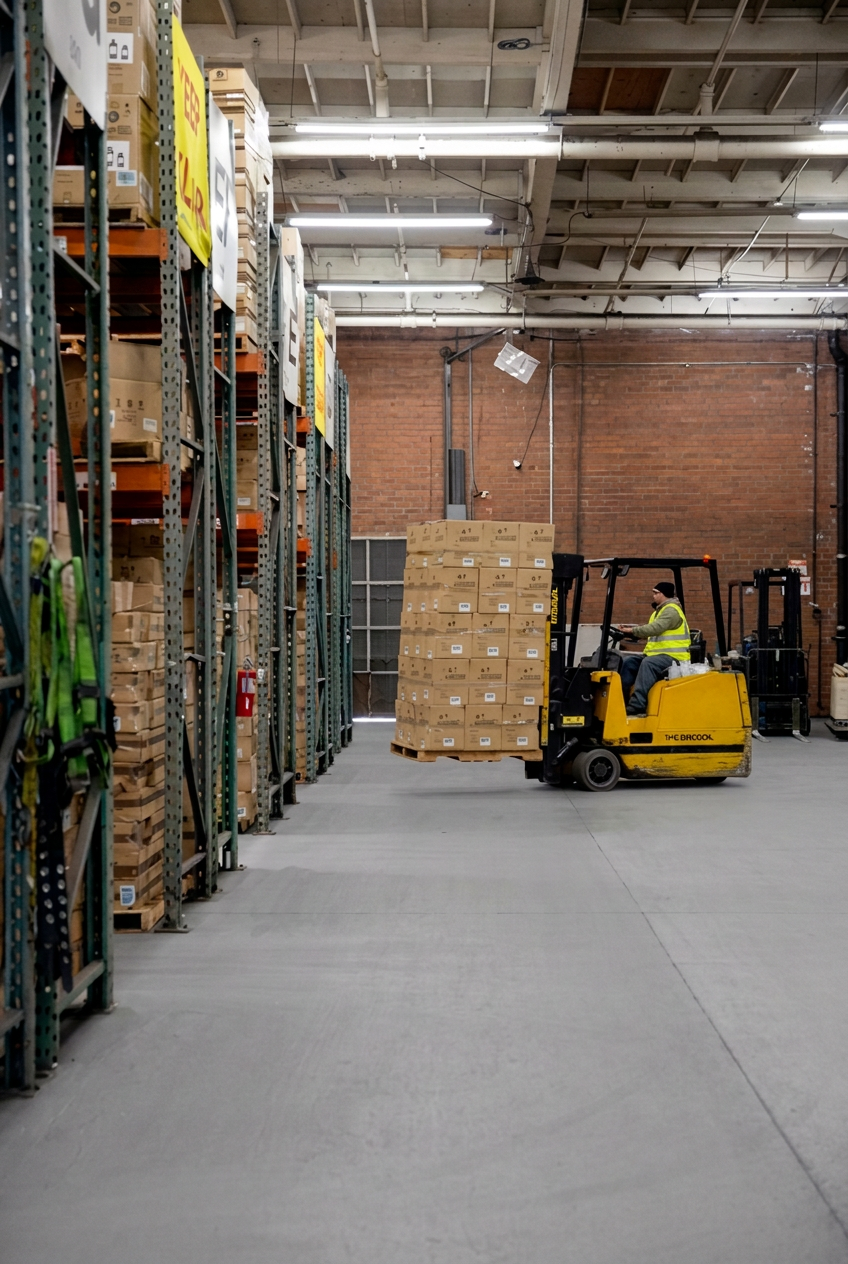 Yellow Drexel forklift moving palletized inventory across open warehouse floor at Logix Fulfillment
