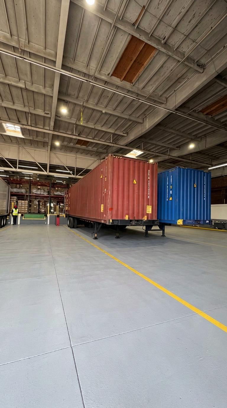 Red and blue ocean containers staged on chassis inside Logix Fulfillment Vernon CA transload warehouse