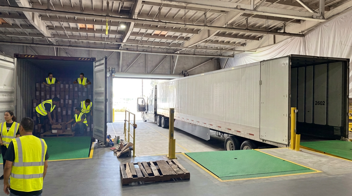 Indoor loading dock with ocean container and dry-van trailer being unloaded simultaneously at Logix Fulfillment