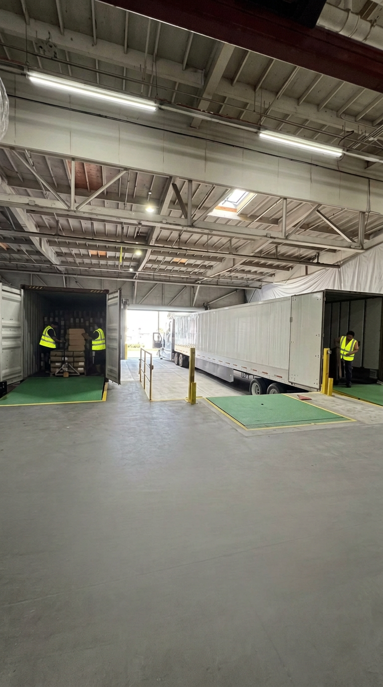 Wide view of indoor loading dock with ocean container and 53-foot trailer at Logix Fulfillment Vernon CA