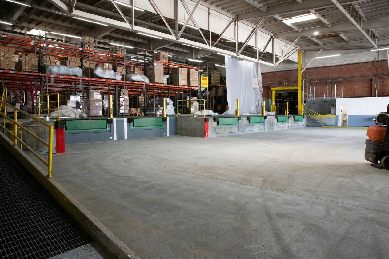 Wide loading bay staging area Wide view of loading bay and dock staging area inside Logix Fulfillment