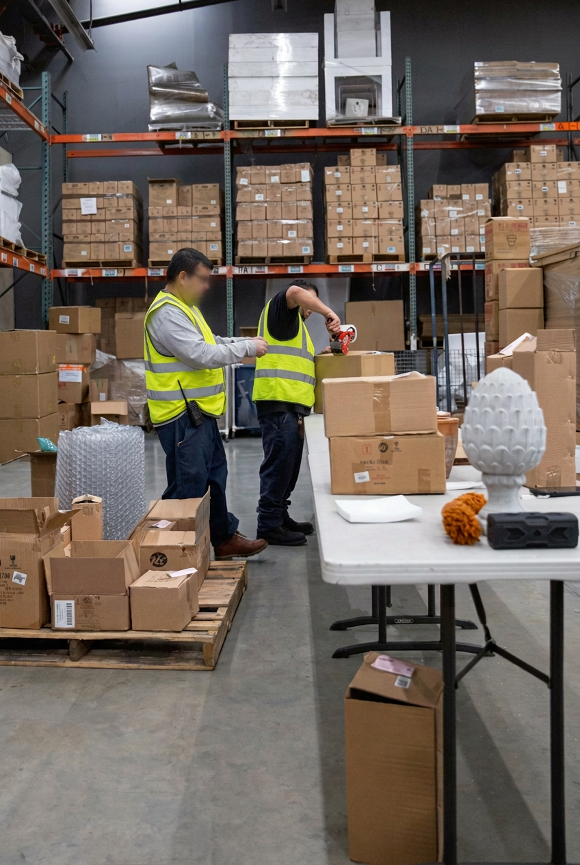 Packing station where orders are picked, verified, and boxed for shipment