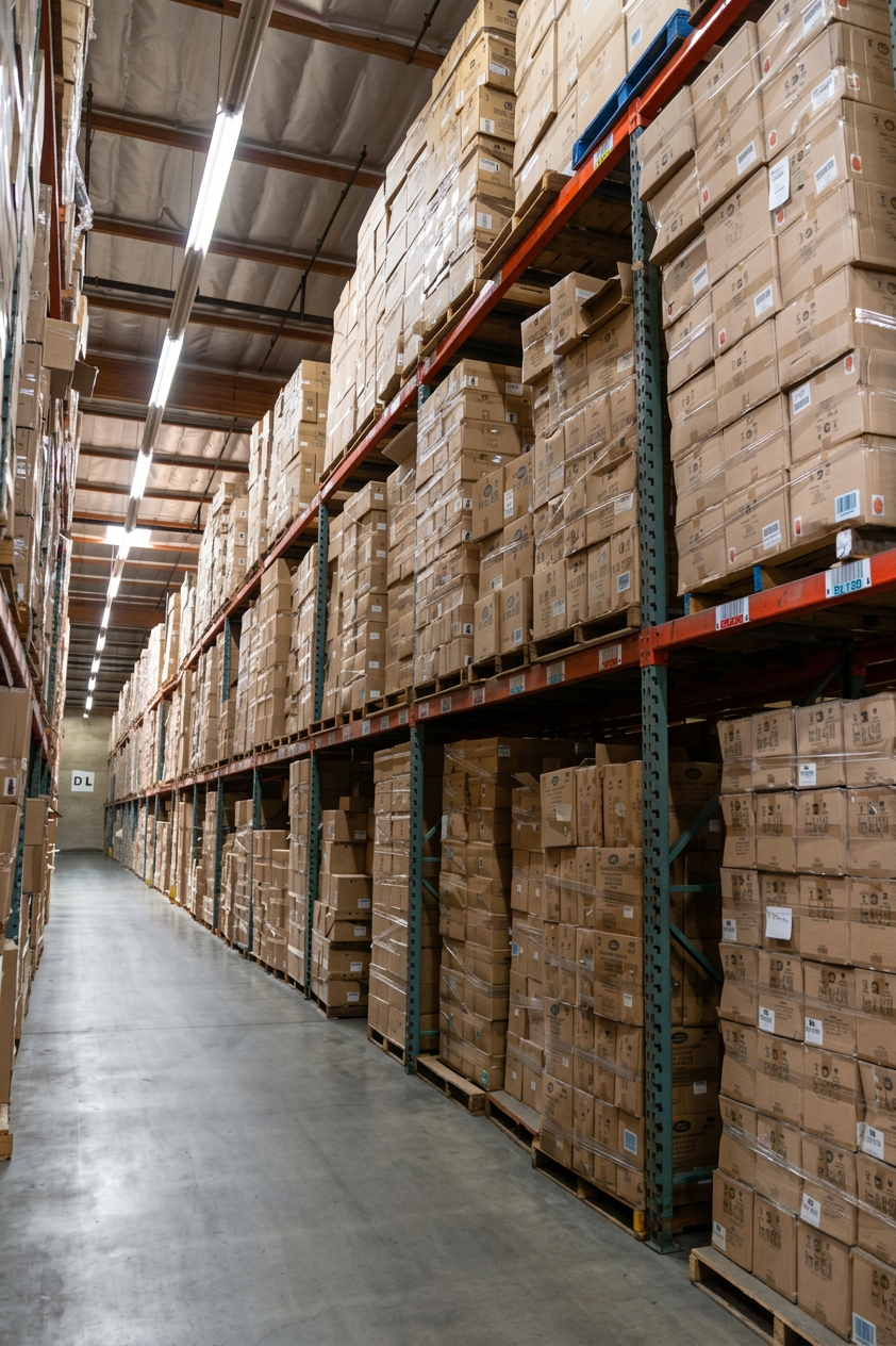 Long row of industrial pallet racking fully loaded at Logix Fulfillment Vernon CA